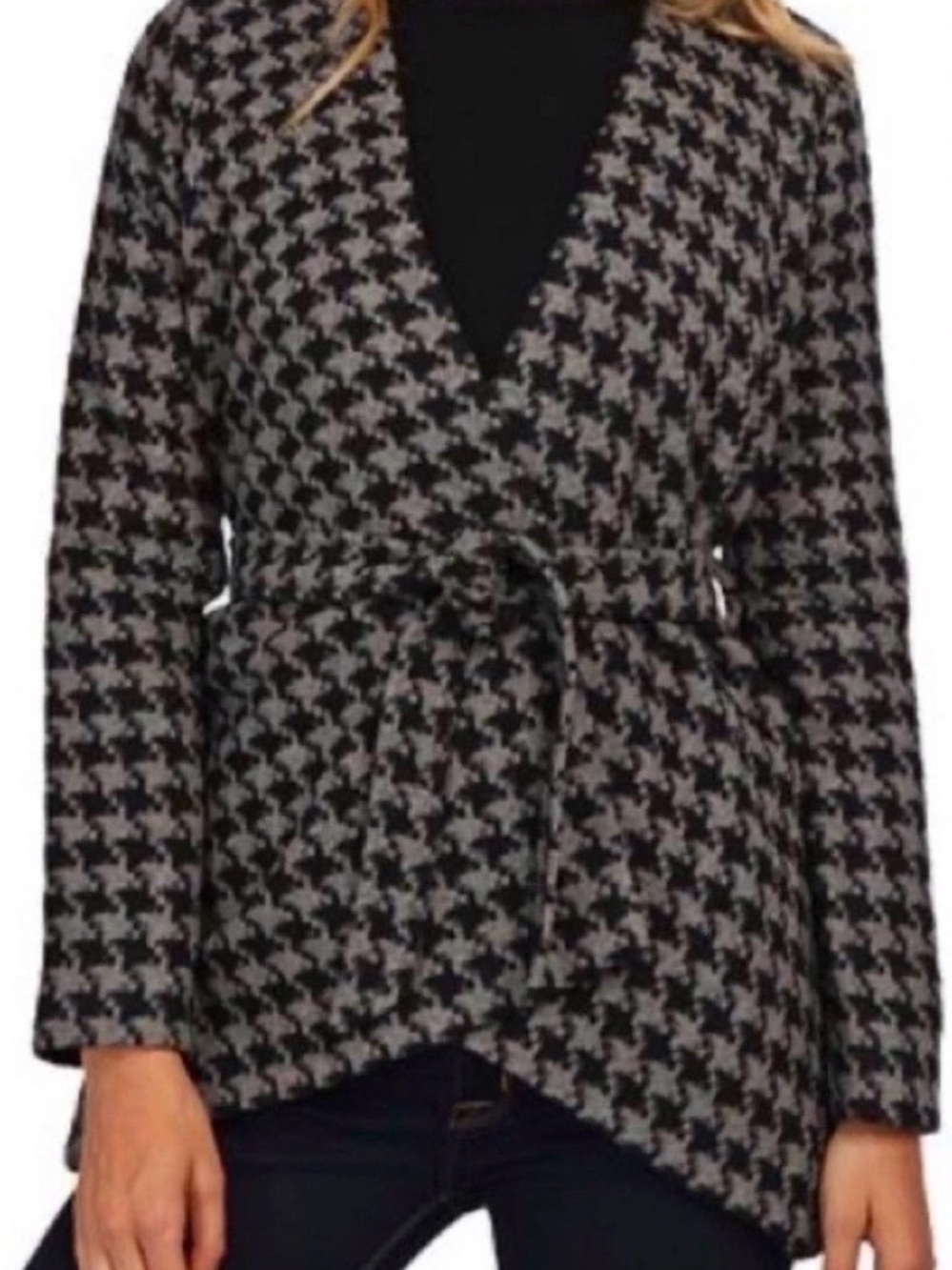 Jack by BB Dakota Gray & Black Houndstooth Asymmetrical Belted Jacket Medium - Picture 2 of 14